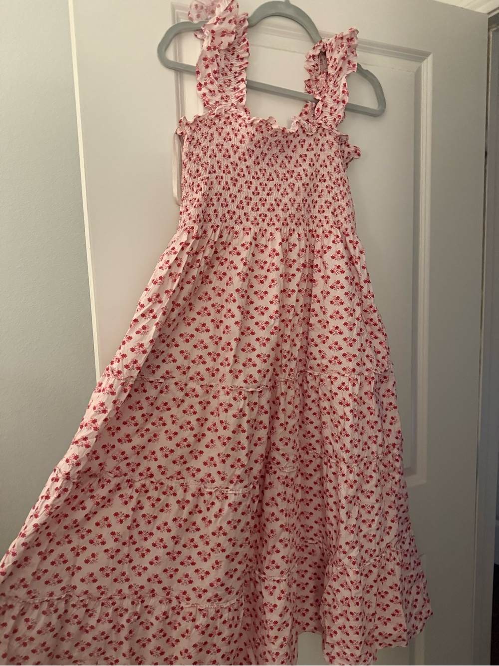 Hill House Pink Floral Smocked Maxi Dress with Red Accents